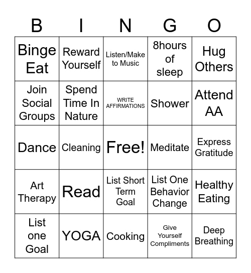 Mental Health Bingo Card