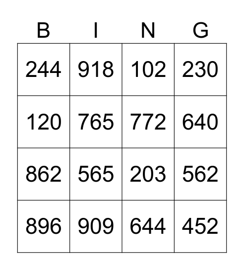 Numeros del 100-1000 Bingo Card