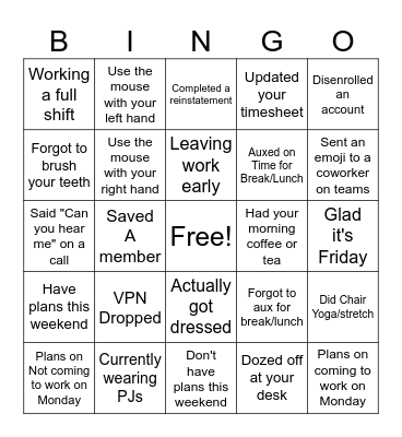 Friday Bingo Card