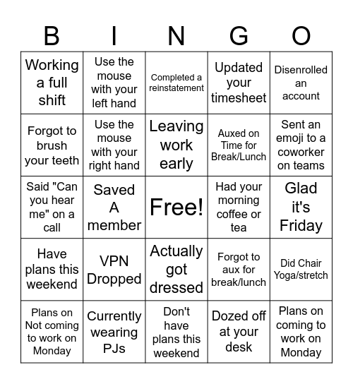 Friday Bingo Card