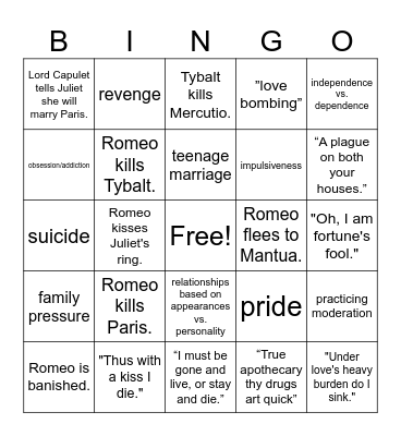 Romeo and Juliet Bingo Card