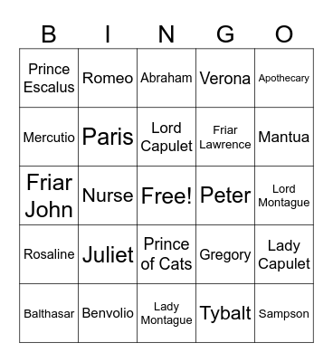 Romeo and Juilet Bingo Card