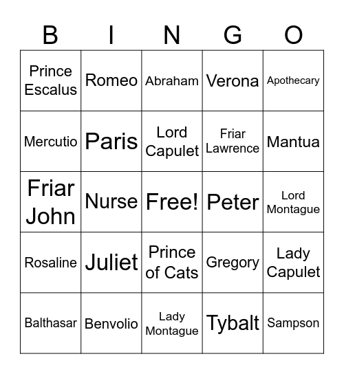 Romeo and Juilet Bingo Card