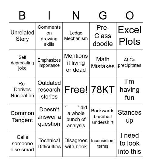 Tommy  Bingo Card