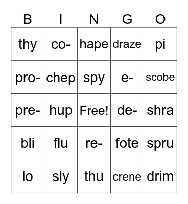 5.1 open syllable real/nonsense Bingo Card
