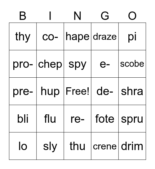 5.1 open syllable real/nonsense Bingo Card