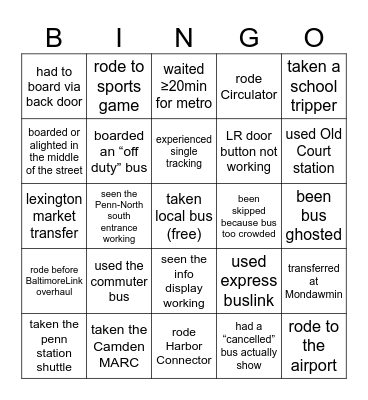 BaltimoreLink Bingo Card