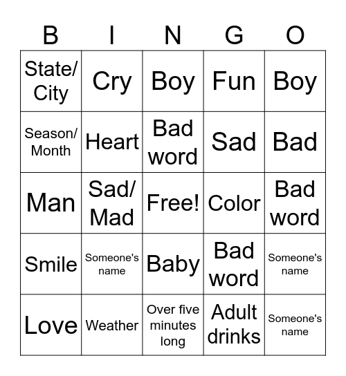 Taylor Swift Bingo Card