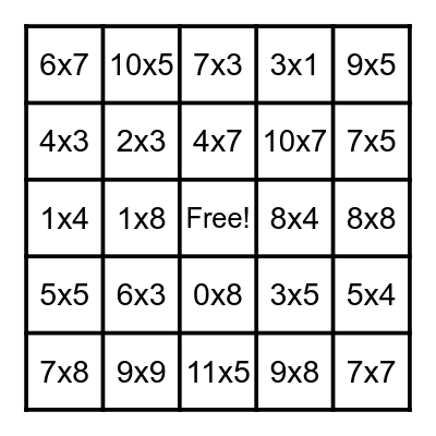 Multiplication Bingo Card