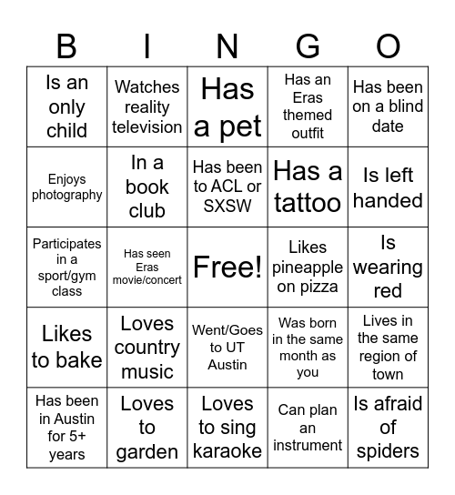 Taylor Swift Dance Party Bingo Card