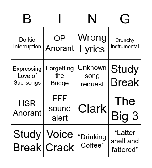 Anora FFF Bingo Card Bingo Card