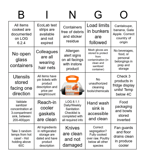 Food Safety Week BINGO Card