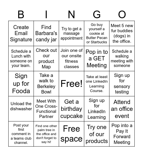 New Employee On-Boarding Bingo Card