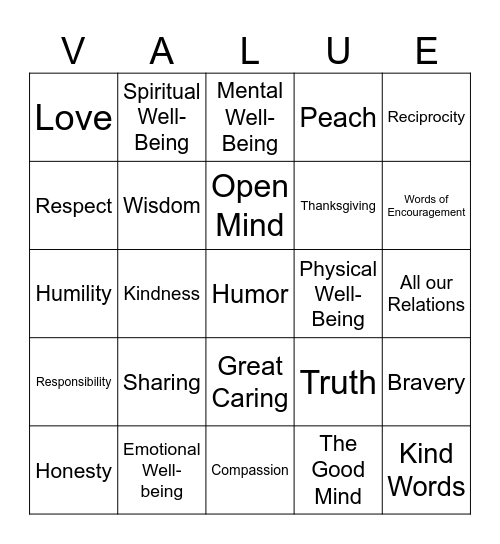 Values Bingo Card