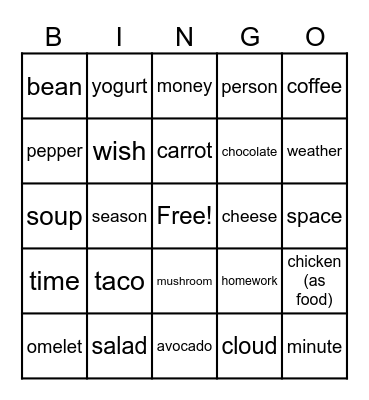 countable and uncountable nouns Bingo Card