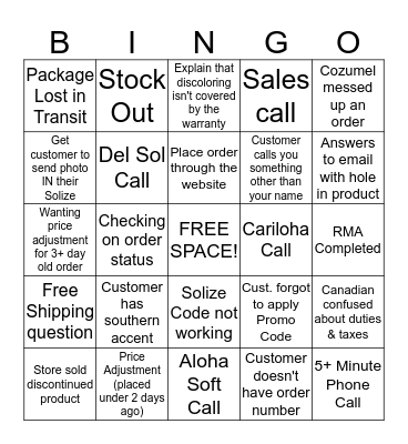 Customer Service Bingo Card