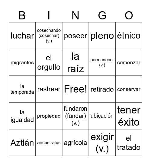 Vocabulario del Movimiento Chicano Bingo Card