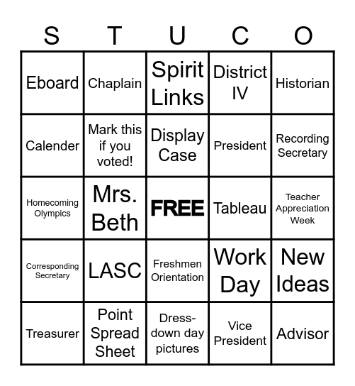 Student Council Night Meeting Bingo Card