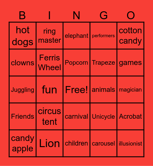 Circus Bingo Card