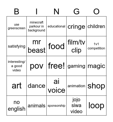 Youtube shorts bingo Card