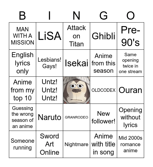 Anime Music Quiz Bingo Card