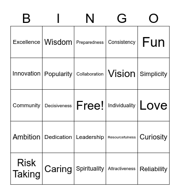 ACT VALUES Bingo Card