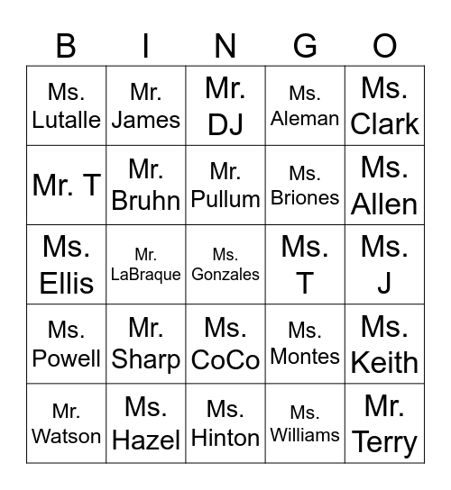 Fitzgerald Teachers and Staff Bingo Card