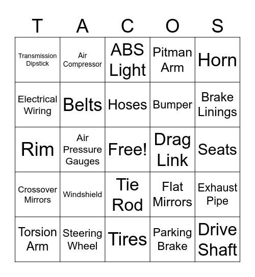 Parts To A School Bus Bingo Card