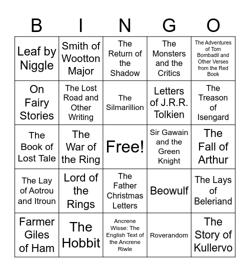 Tolkien Reading Bingo Card