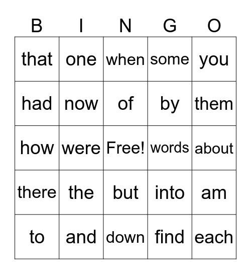 Sight Words Bingo Card