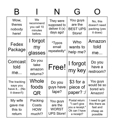 UPS Store Bingo Card