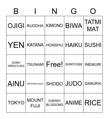 JAPANESE TERMS Bingo Card