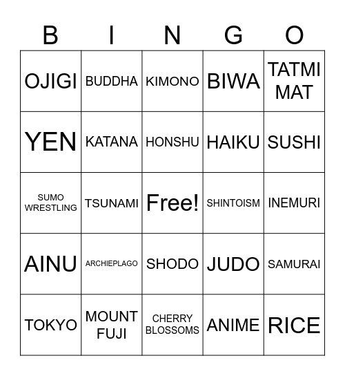 JAPANESE TERMS Bingo Card