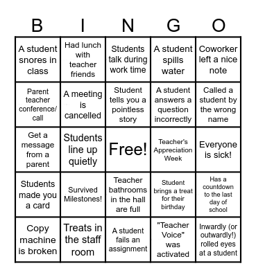 Teacher BINGO Card