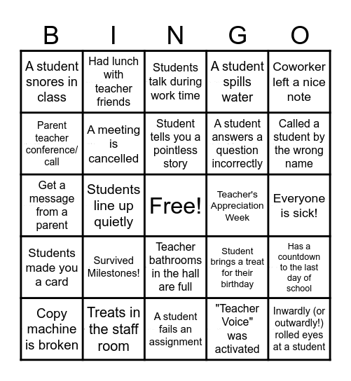 Teacher BINGO Card