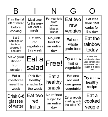 Healthy Eating Bingo Card