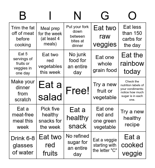 Healthy Eating Bingo Card