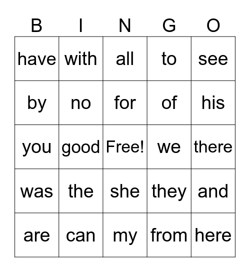 Kinder Star Words Bingo Card