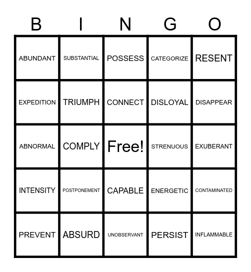 Unit 3 and 4 Vocabulary Bingo Card