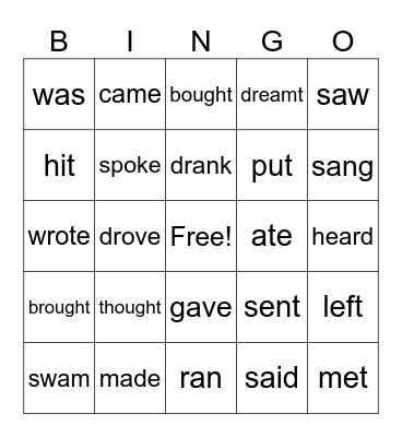 Irregular past verbs Bingo Card