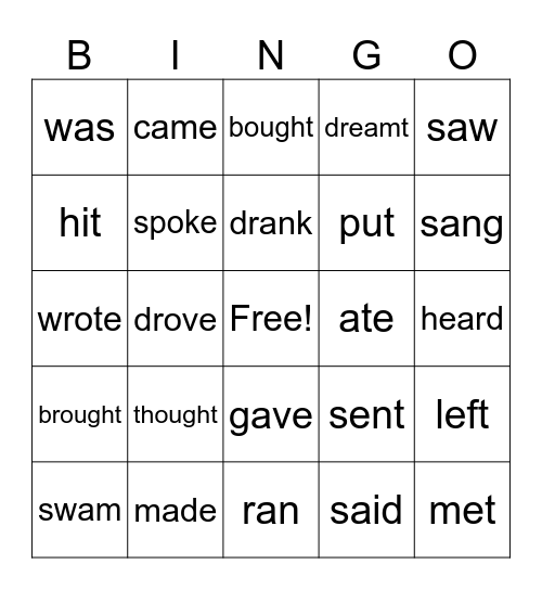 Irregular past verbs Bingo Card