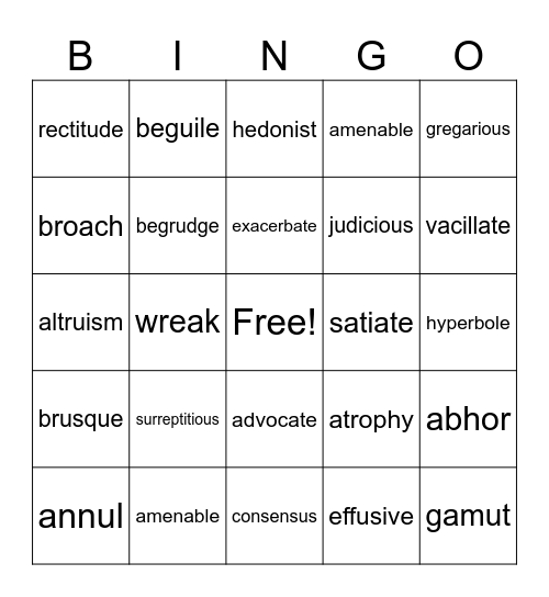 ENG101 Vocabulary - Final Exam Review Bingo Card