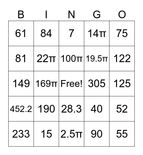 Circles and Angles Bingo Card