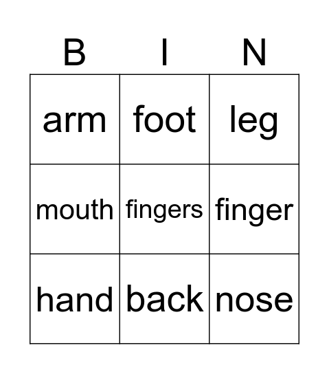 BODY PARTS Bingo Card