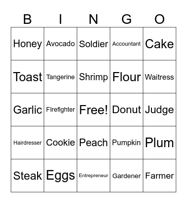 Food and Professions Bingo Card