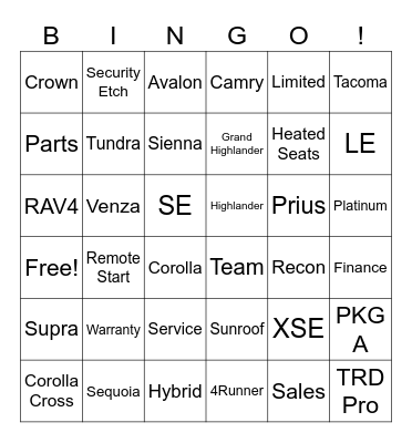 Team Toyota Bingo Card