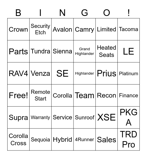 Team Toyota Bingo Card