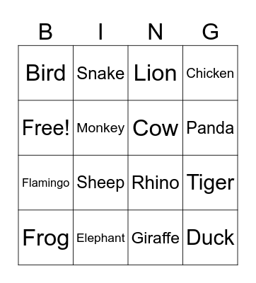 Wild Animals Bingo Card