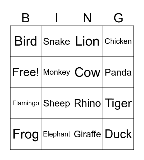 Wild Animals Bingo Card