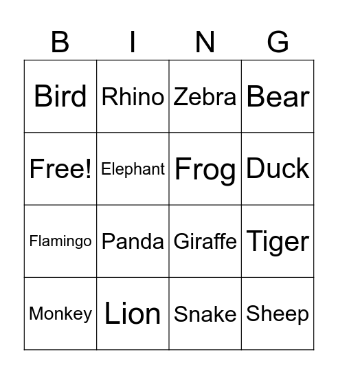 Wild Animals Bingo Card